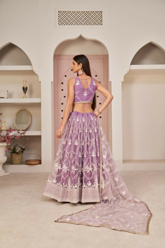 Aastha Fashion Lavender Butterfly Net White Cotton Thread Work, Zari Work And Sandwich Sequence Work Embroidery Wedding Wear Lehenga Choli | Grocsy