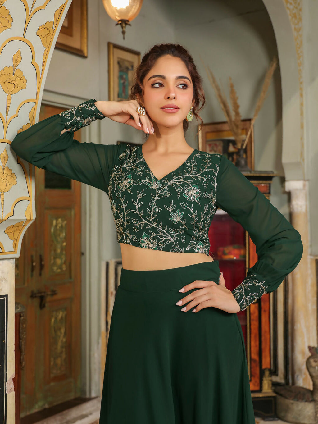 Janasya Dark Green Georgette Embroidered Top & Skirt | Grocsy