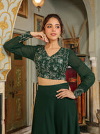 Janasya Dark Green Georgette Embroidered Top & Skirt | Grocsy