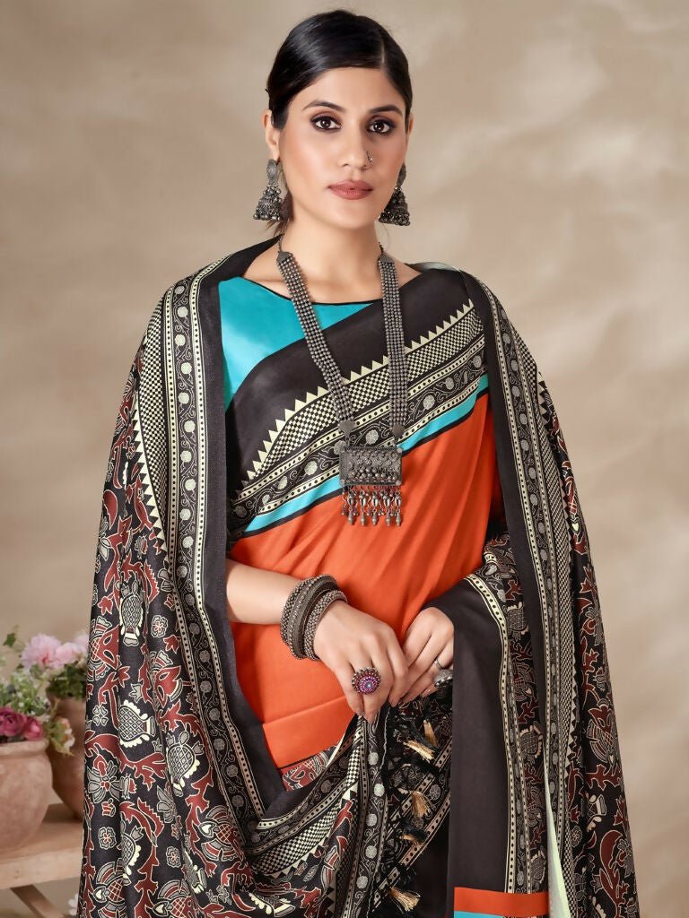 Aayaa Designer Winter Collection Printed Saree With Shawl - Multi Color | Grocsy