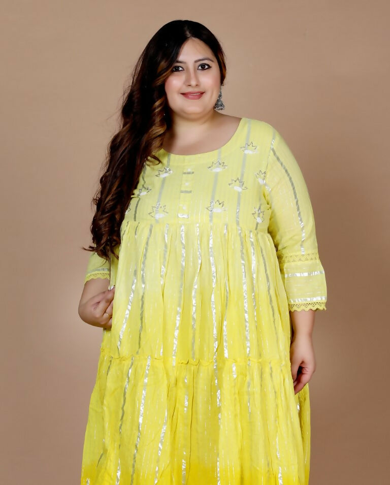 Miravan Women's Plus Size Cotton Embroidery And Lace Work Yellow Party Wear Anarkali Kurta | Grocsy