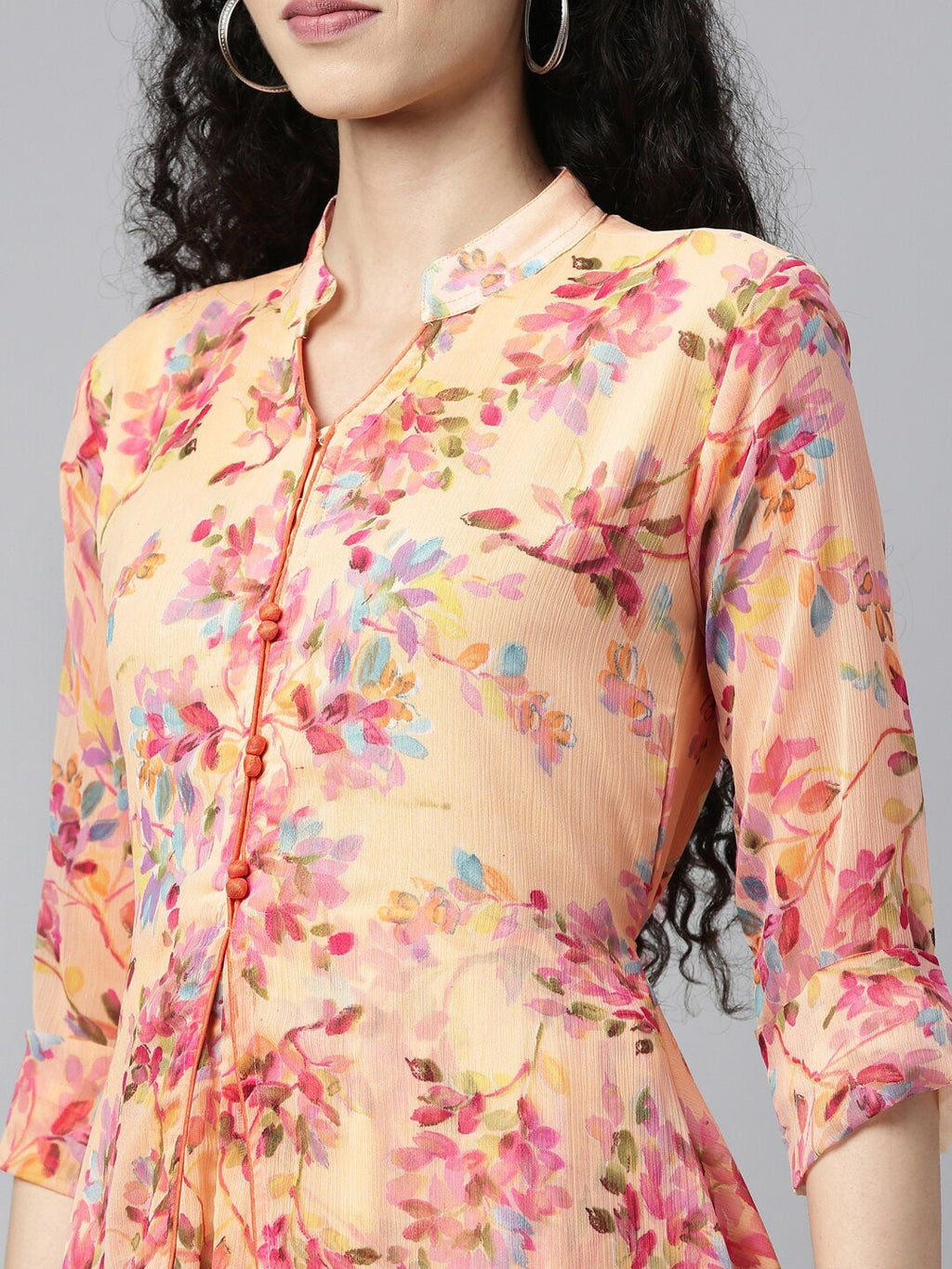 Souchii Peach-Coloured Floral Layered Chiffon A-Line Midi Dress | Grocsy