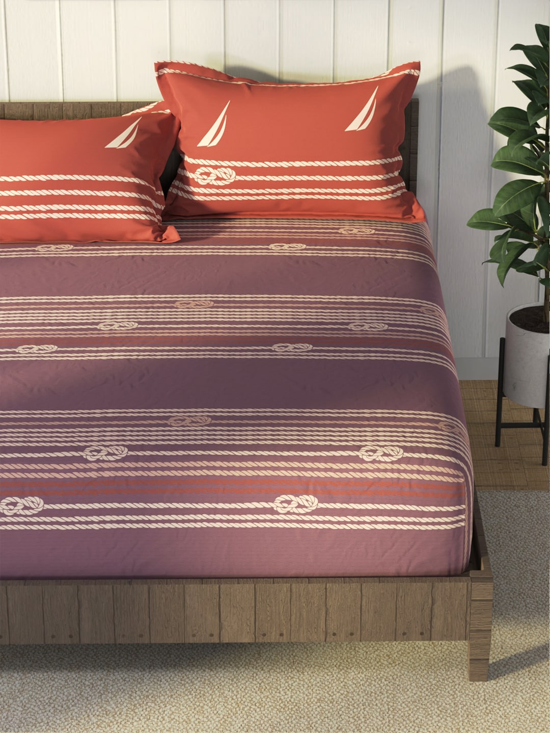 Nautica Purple & Orange Striped Cotton 160 TC King Bedsheet With 2 Pillow Covers | Grocsy