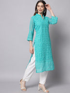 HERE&NOW Women Turquoise Blue Ethnic Motifs Embroidered Thread Work Georgette Kurta | Grocsy