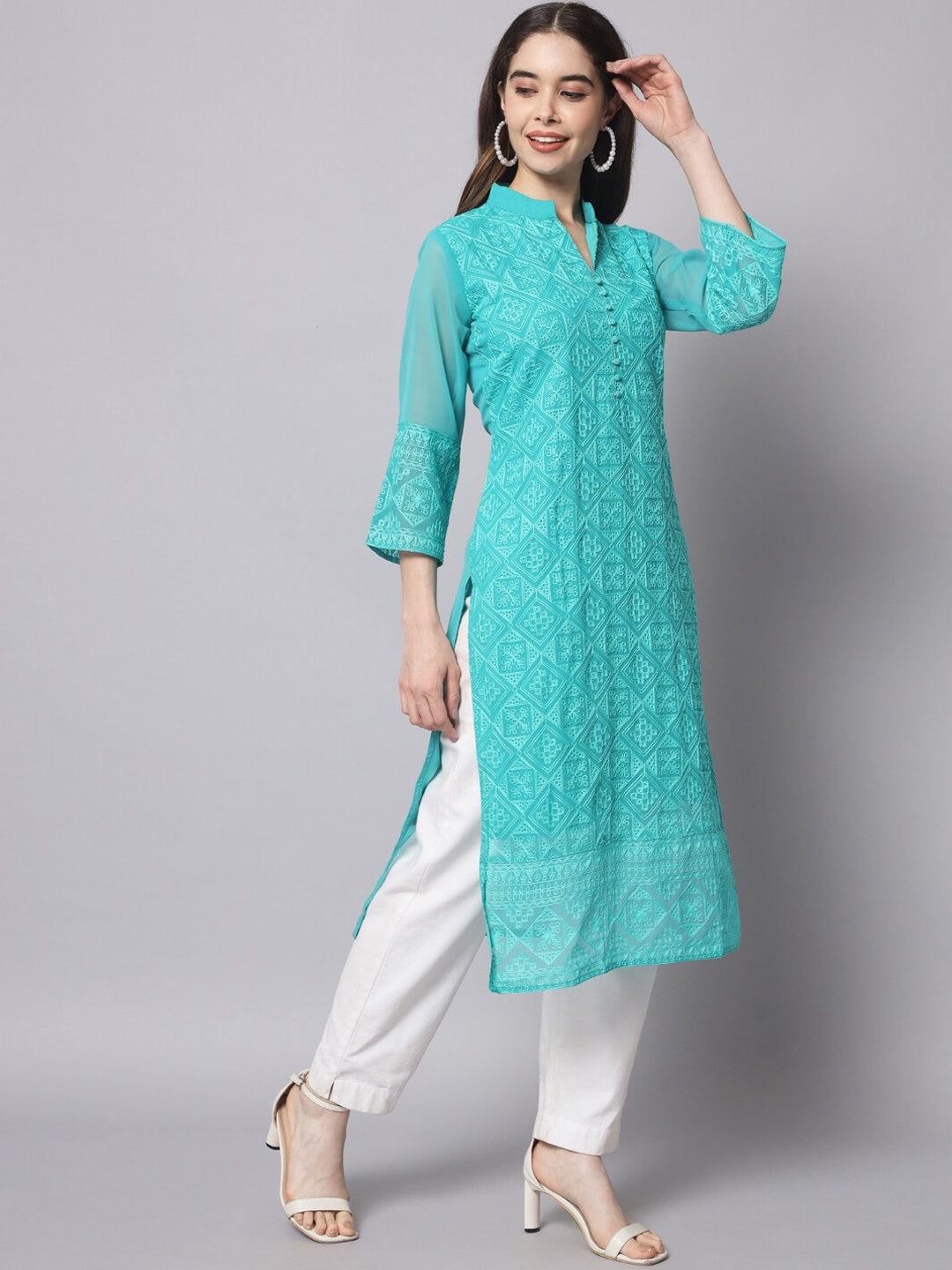 HERE&NOW Women Turquoise Blue Ethnic Motifs Embroidered Thread Work Georgette Kurta | Grocsy