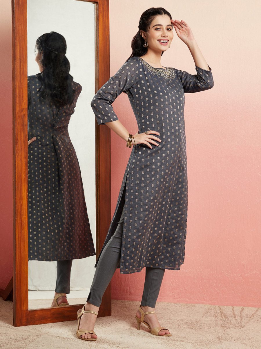 Aks Ethnic Motifs Woven Design Mirror Work Chanderi Silk Kurta | Grocsy