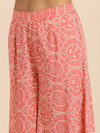 All About You Women Peach Pin & White Bandhani Print Pleated Sequinned Kurti with Palazzos | Grocsy