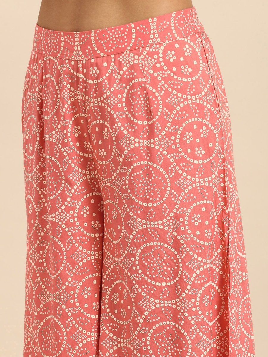 All About You Women Peach Pin & White Bandhani Print Pleated Sequinned Kurti with Palazzos | Grocsy