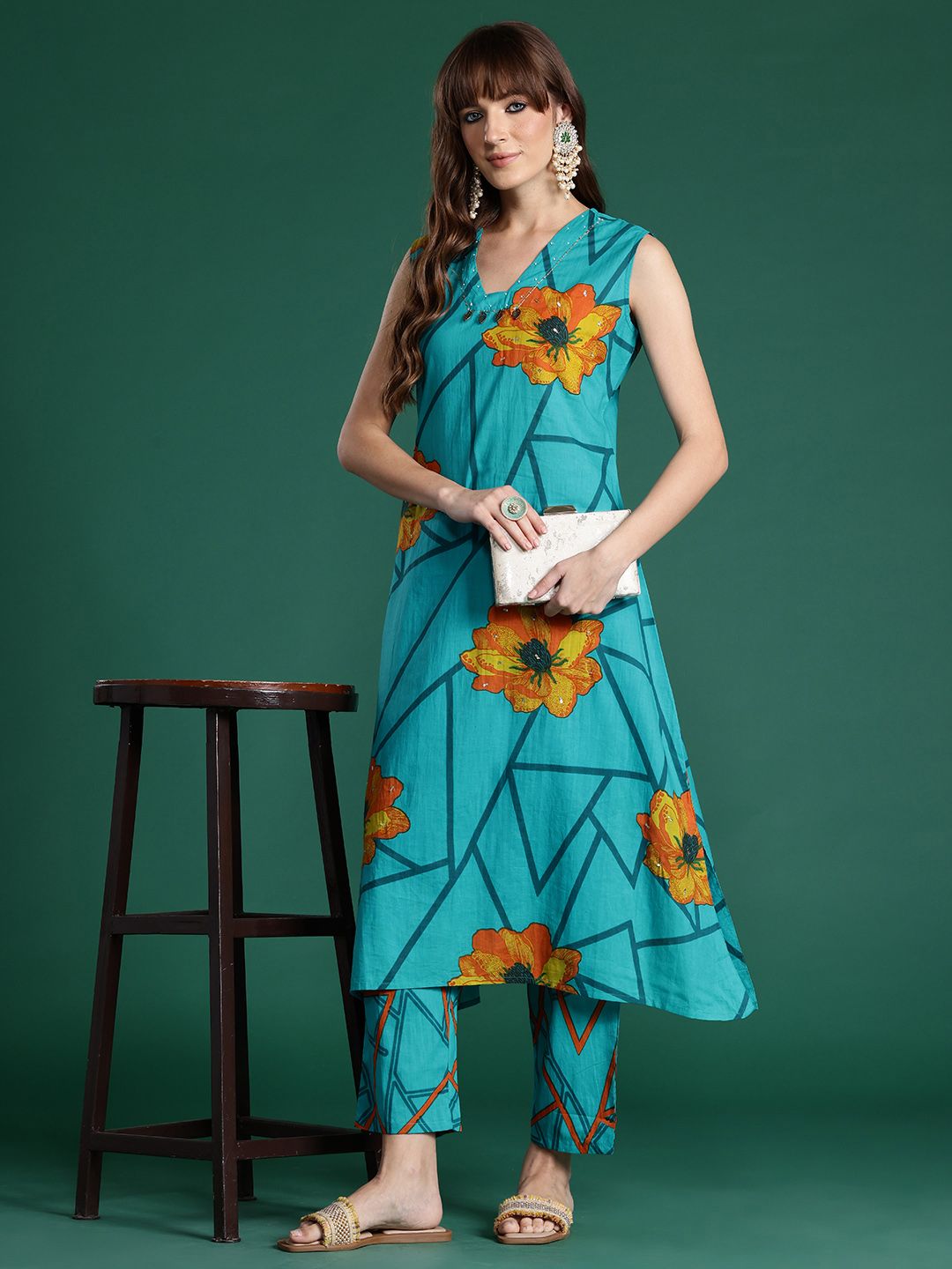 Indo Era Floral Printed Pure Cotton Kurta with Trousers | Grocsy