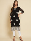 HERE&NOW Black & White Ethnic Motifs Chikankari Embroidered Georgette Kurta | Grocsy
