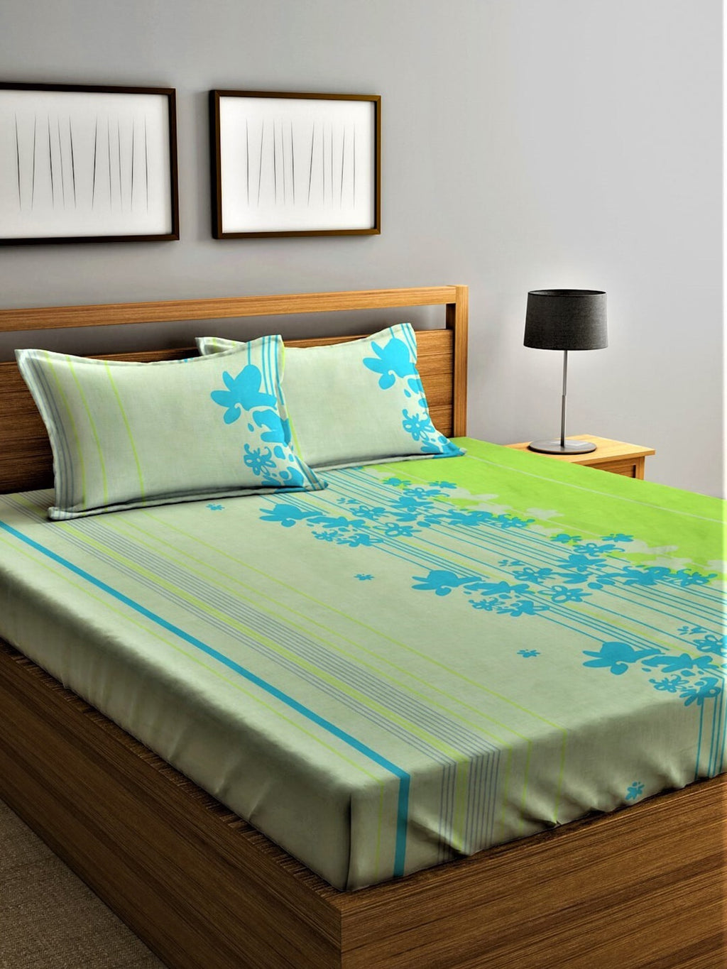 Home Sizzler Green & Blue Floral Cotton 210 TC Queen Bedsheet with 2 Pillow Covers | Grocsy