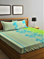 Home Sizzler Green & Blue Floral Cotton 210 TC Queen Bedsheet with 2 Pillow Covers | Grocsy