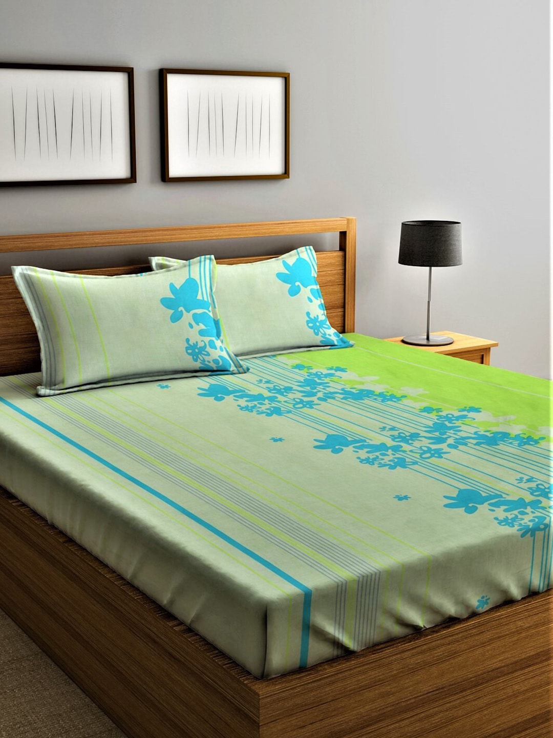 Home Sizzler Green & Blue Floral Cotton 210 TC Queen Bedsheet with 2 Pillow Covers | Grocsy