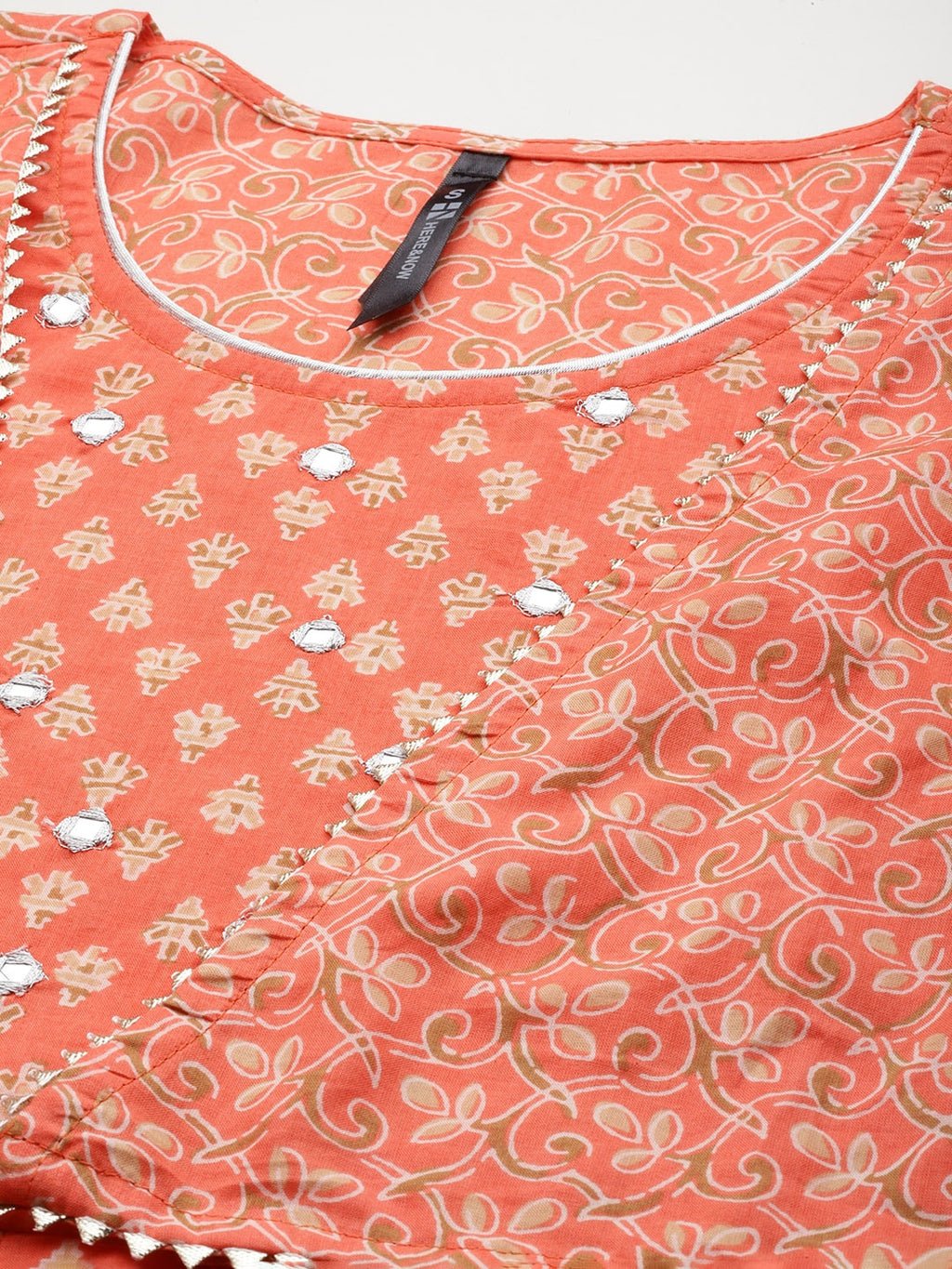 HERE&NOW Ethnic Motifs Print High Slit Cotton Kurta with Sharara | Grocsy