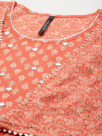 HERE&NOW Ethnic Motifs Print High Slit Cotton Kurta with Sharara | Grocsy