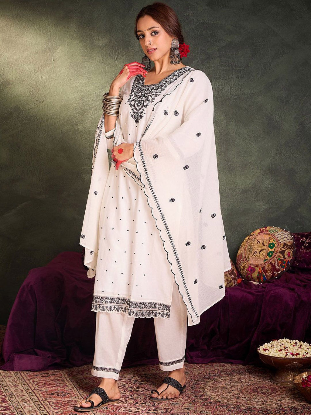 Indo Era Floral Embroidered Thread Work Pure Cotton Kurta With Trousers & Dupatta | Grocsy