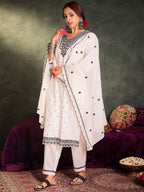 Indo Era Floral Embroidered Thread Work Pure Cotton Kurta With Trousers & Dupatta | Grocsy