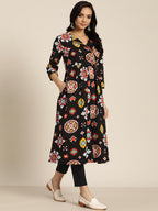 Sangria Women Black & White Geometric Print Cotton Angrakha Kurta with Trousers | Grocsy
