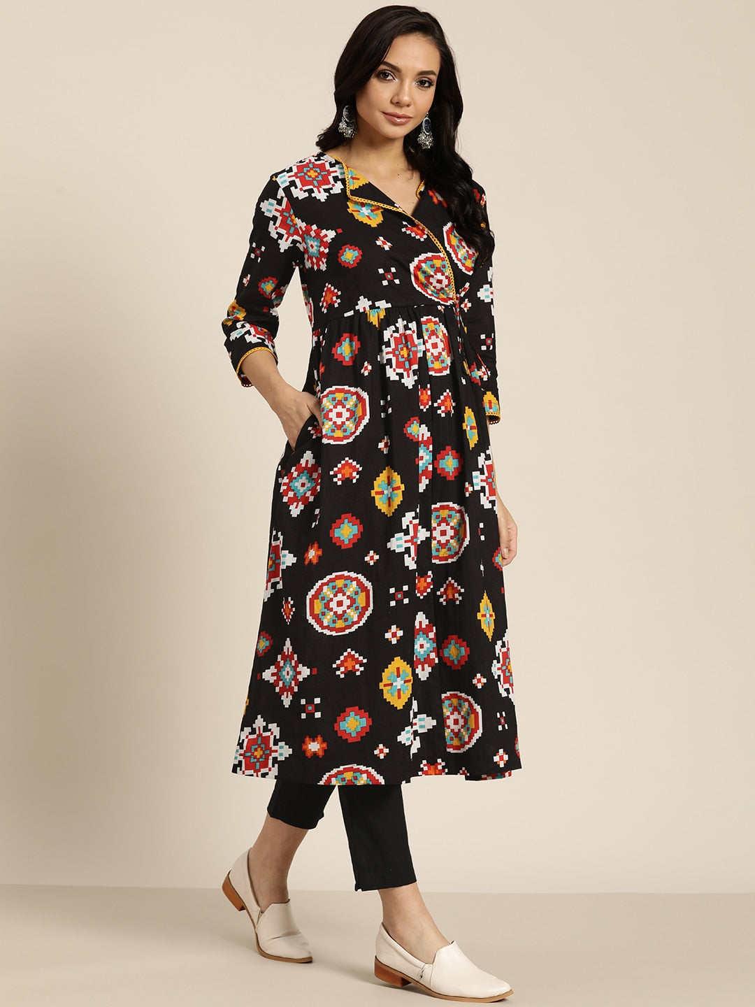 Sangria Women Black & White Geometric Print Cotton Angrakha Kurta with Trousers | Grocsy