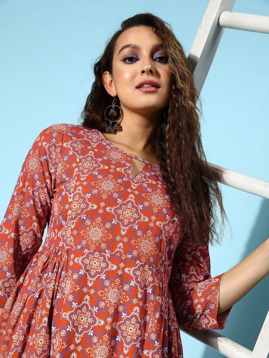 All About You Brick Red Printed Dipped Hem Veere Di Wedding A-Line Kurta with Palazzos | Grocsy