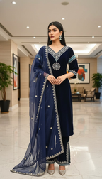 Teeya Creation Blue Color Velvet Designer Embroidery Work party Wear Suit | Grocsy