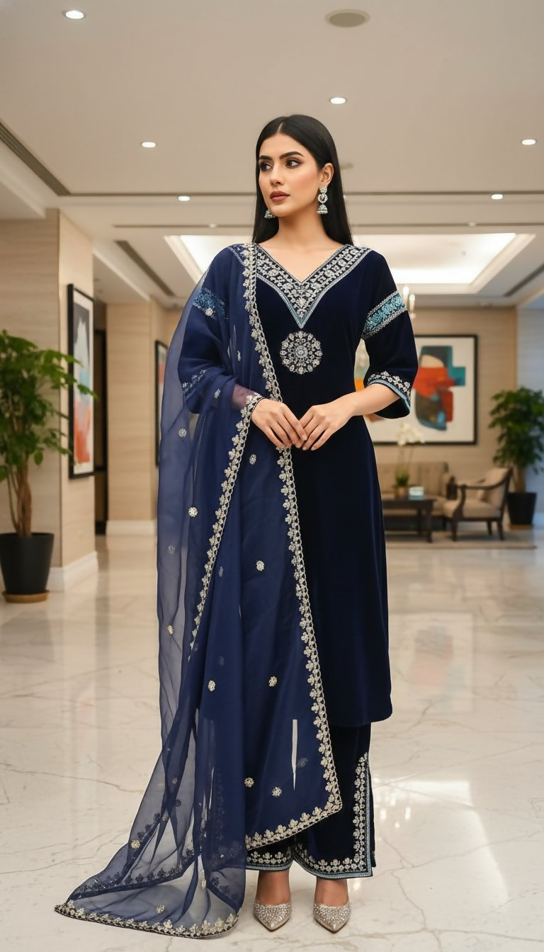 Teeya Creation Blue Color Velvet Designer Embroidery Work party Wear Suit | Grocsy