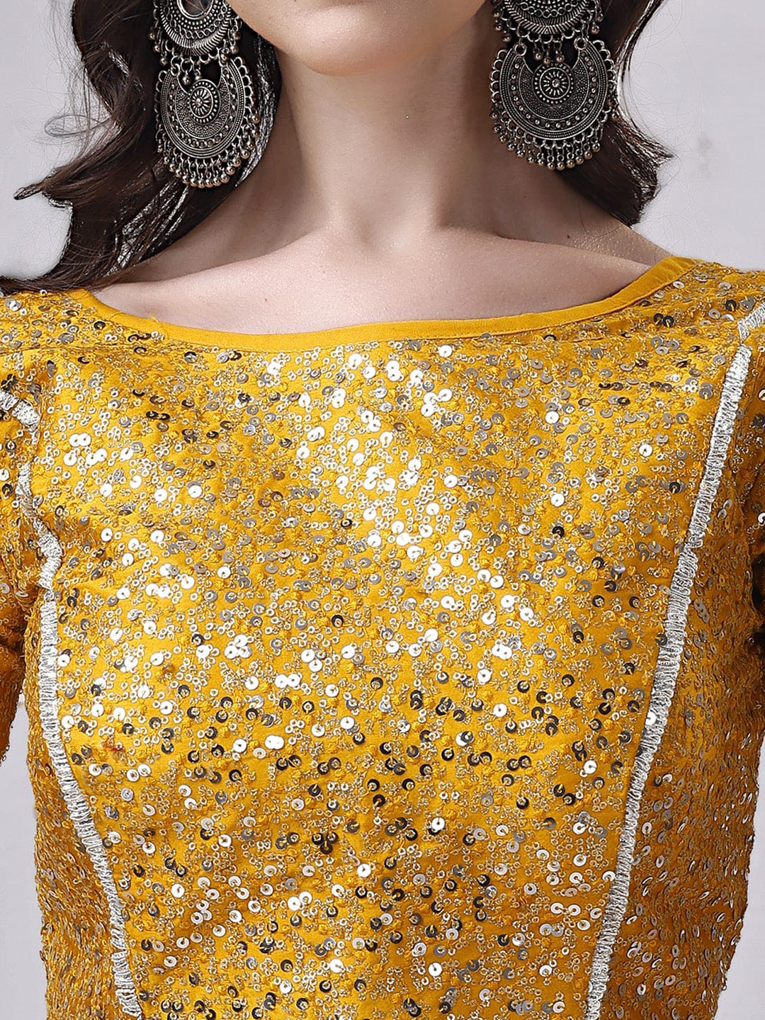 Tikhi Imli Yellow Embellished Boat Neck Sequinned Detailed Saree Blouse | Grocsy