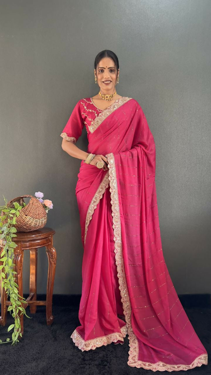 Vastranavya Pink Georgette Silk Swarovski & Heavy Lace Work Ready to Wear Saree | Grocsy