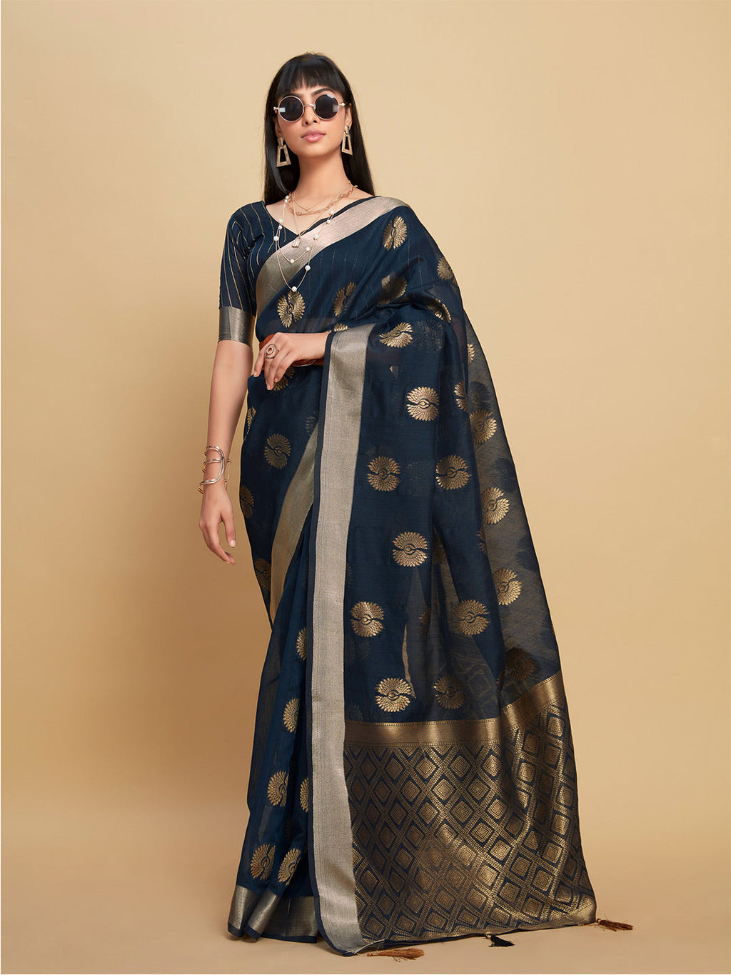 Sangria Navy Blue Ethnic Motifs Woven Design Zari Saree | Grocsy