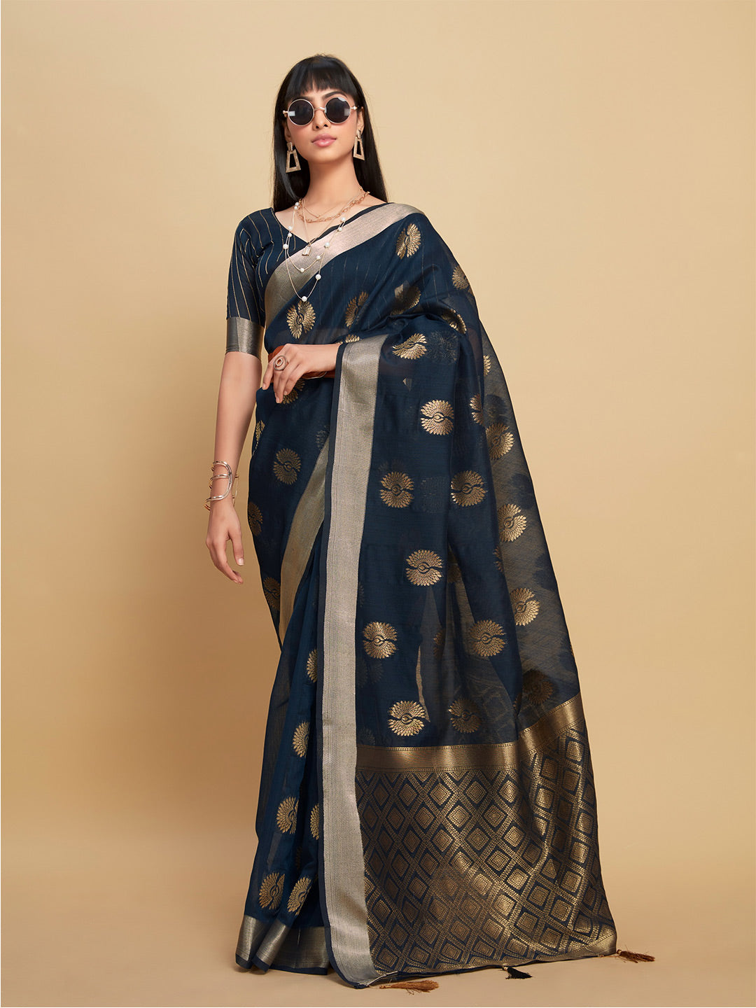 Sangria Navy Blue Ethnic Motifs Woven Design Zari Saree | Grocsy