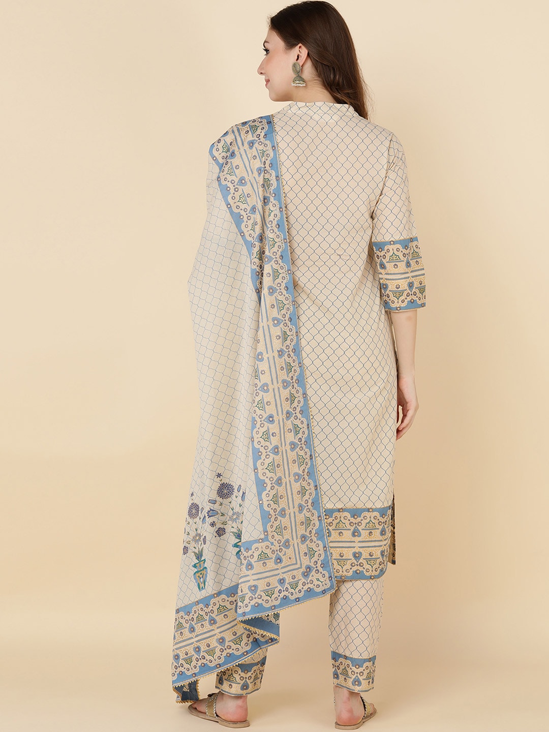 HERE&NOW Women Beige Floral Printed Pure Cotton Kurta with Trousers & With Dupatta | Grocsy