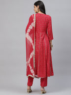 HERE&NOW Women Red Floral Printed Panelled Thread Work Kurta with Trouser & Dupatta | Grocsy