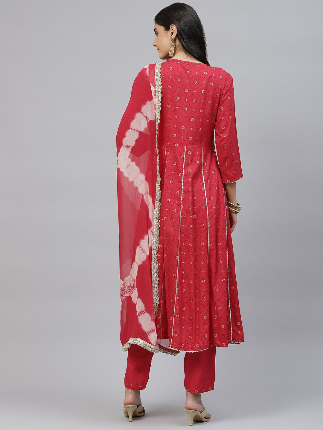 HERE&NOW Women Red Floral Printed Panelled Thread Work Kurta with Trouser & Dupatta | Grocsy