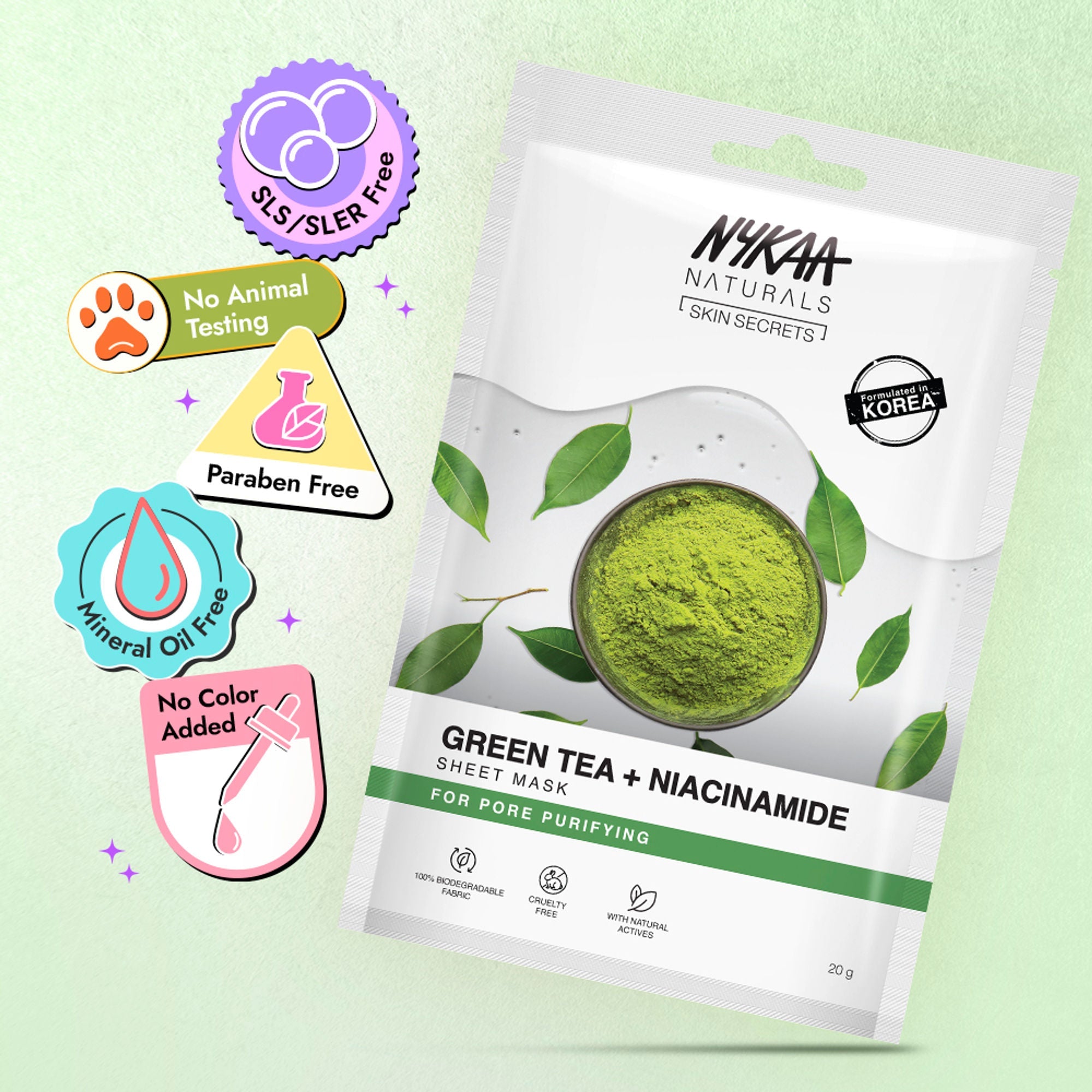 Nykaa Naturals Korean Sheet Mask Green Tea & Niacinamide For Oil Control and Clear Skin | Grocsy