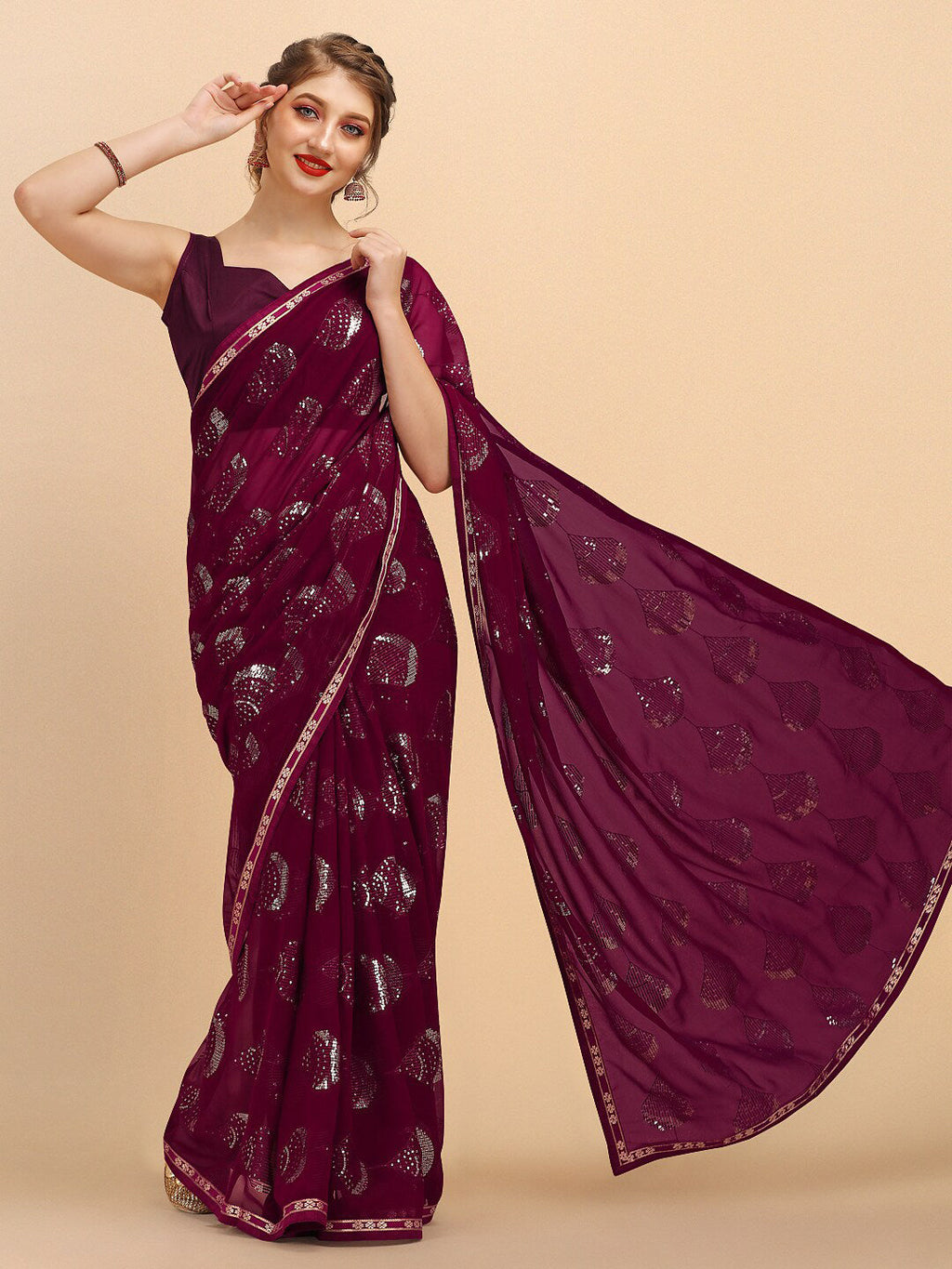 Sangria Women Burgundy Sarees | Grocsy