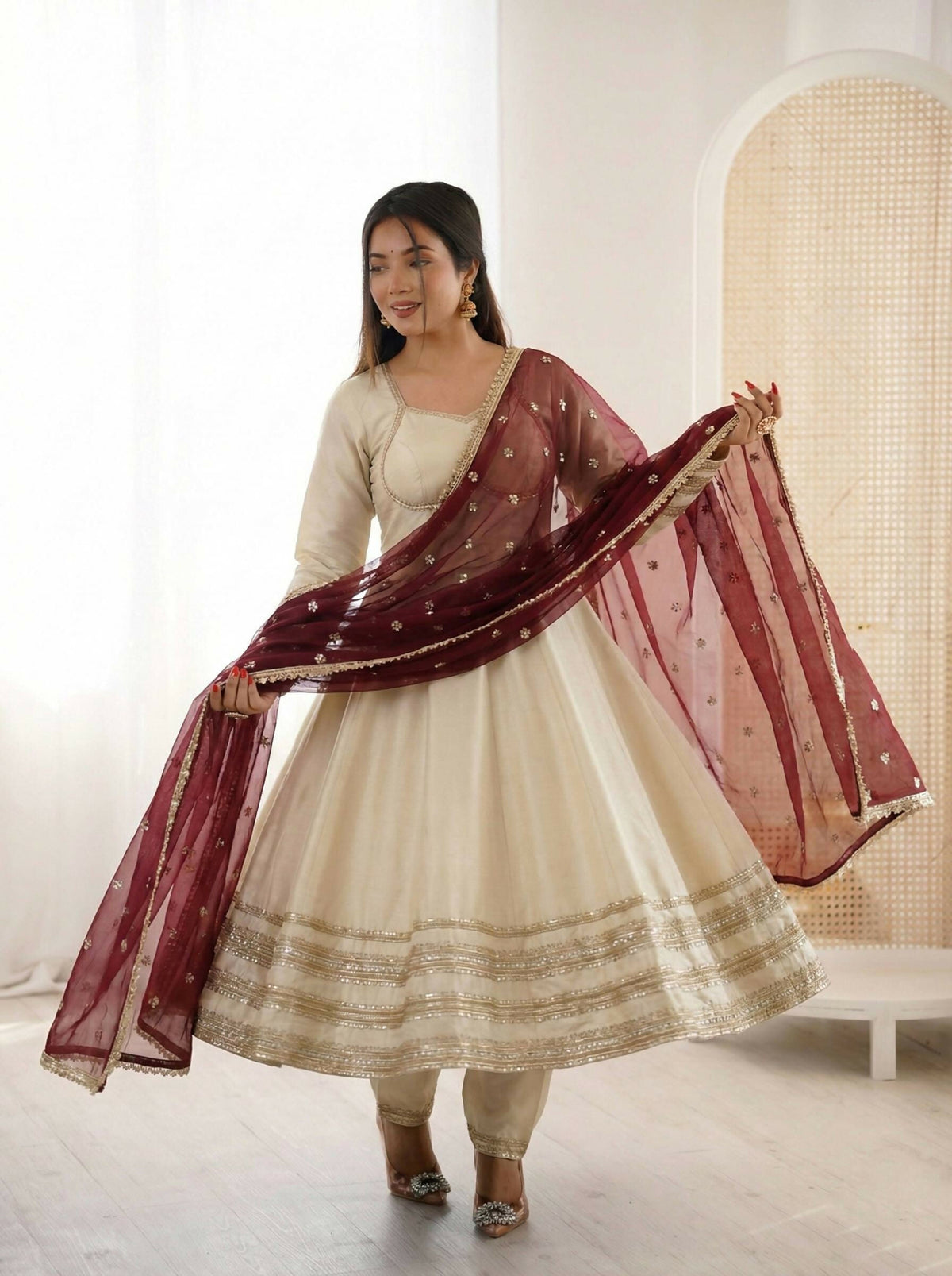 Teeya Creation Cream Cosmos Gold Lace Work Party Wear Gown | Grocsy
