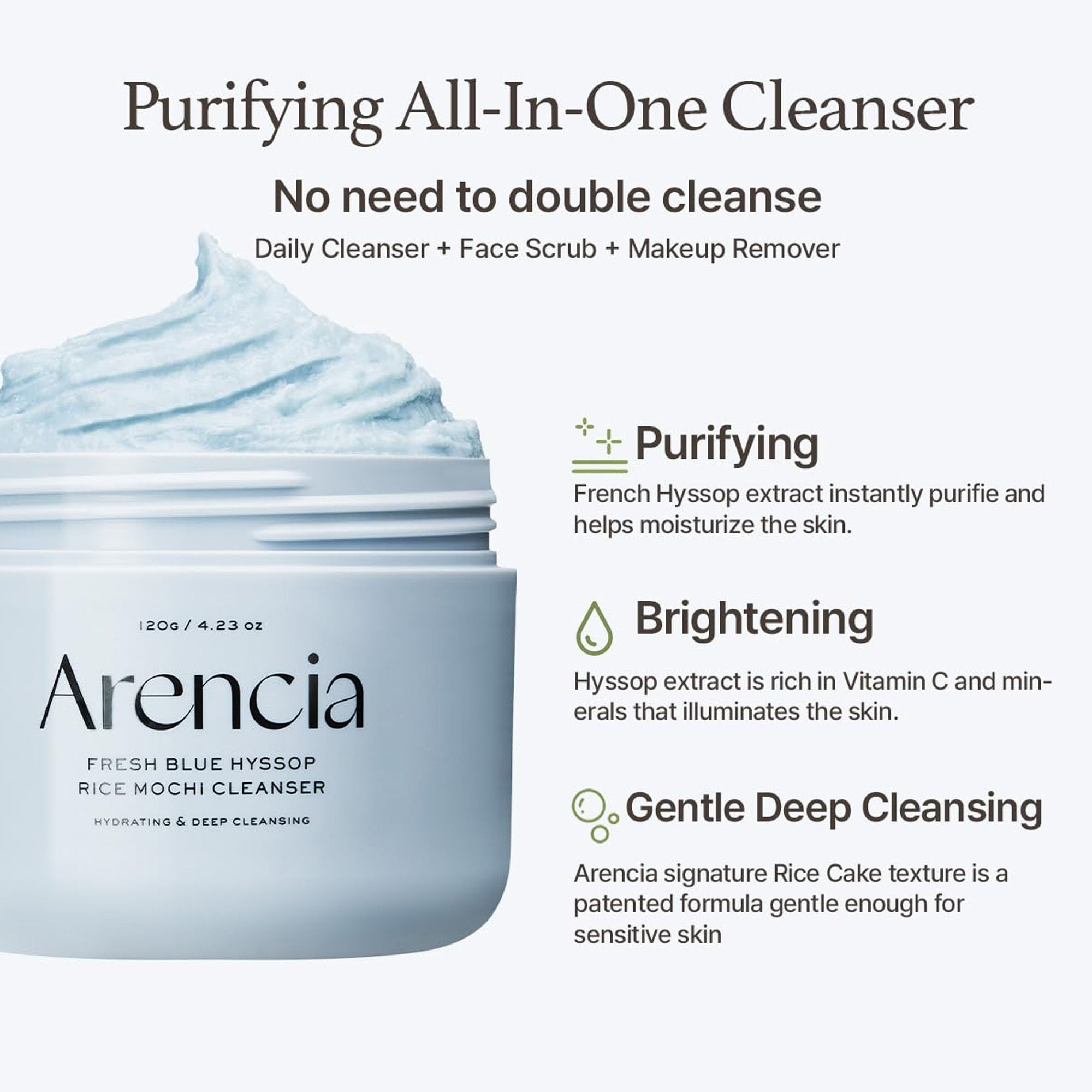 Arencia Fresh Blue Hyssop Rice Mochi Cleanser - Gentle Exfoliating Pore Care Korean Double Cleanser | Grocsy