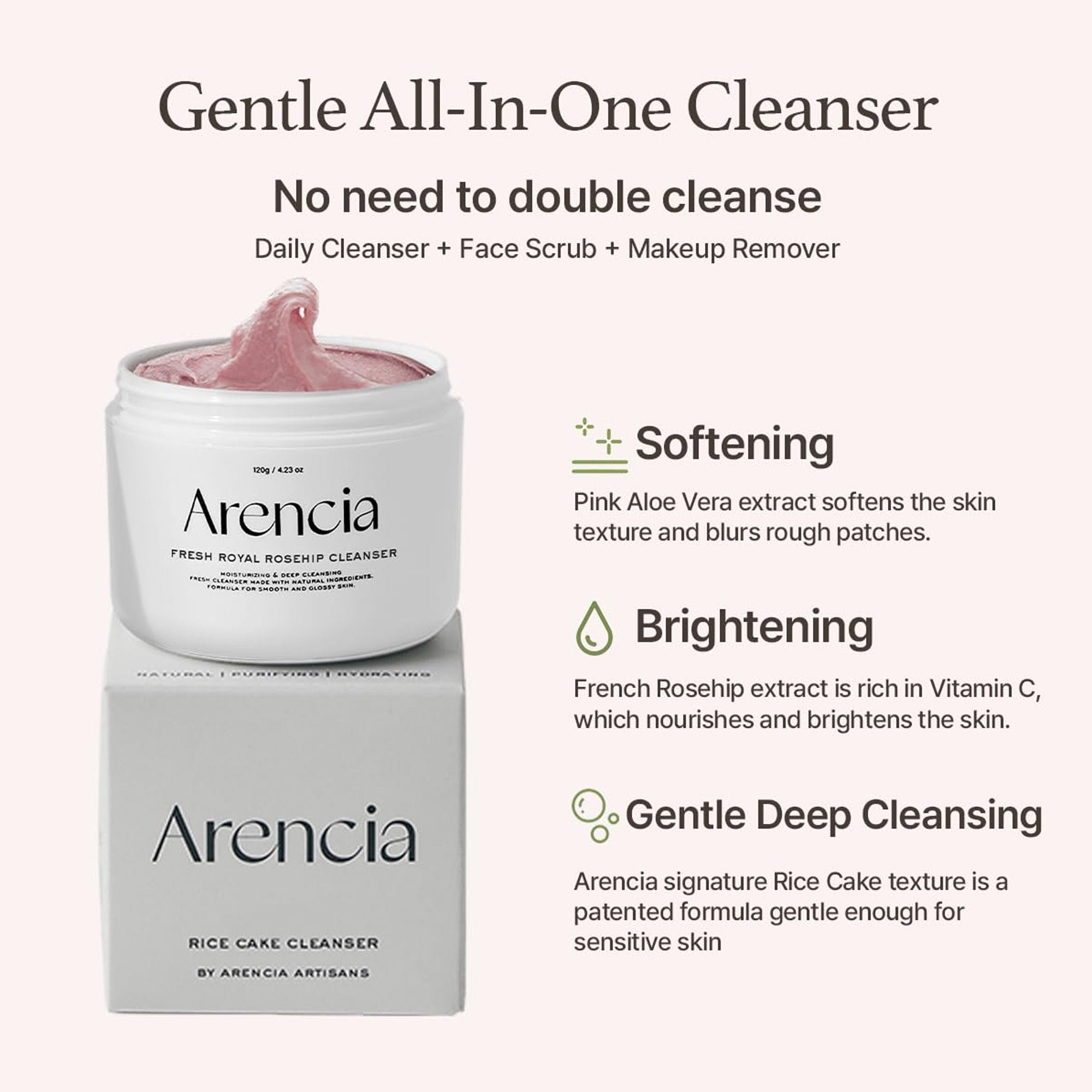 Arencia Fresh Rosehip Rice Mochi Cleanser - All-In-One Cleanser | Grocsy