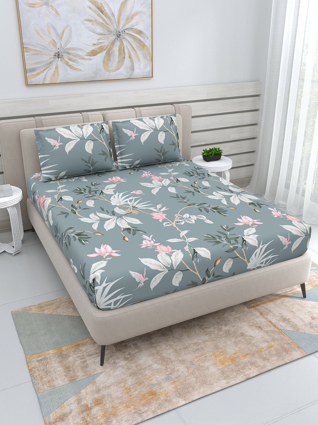 DREAM WEAVERZ Grey & White Floral 220 TC Queen Bedsheet with 2 Pillow Covers | Grocsy