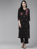 ADA Ethnic Motifs Embroidered Round Neck Chikankari Cotton Kurta | Grocsy