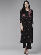 ADA Ethnic Motifs Embroidered Round Neck Chikankari Cotton Kurta | Grocsy