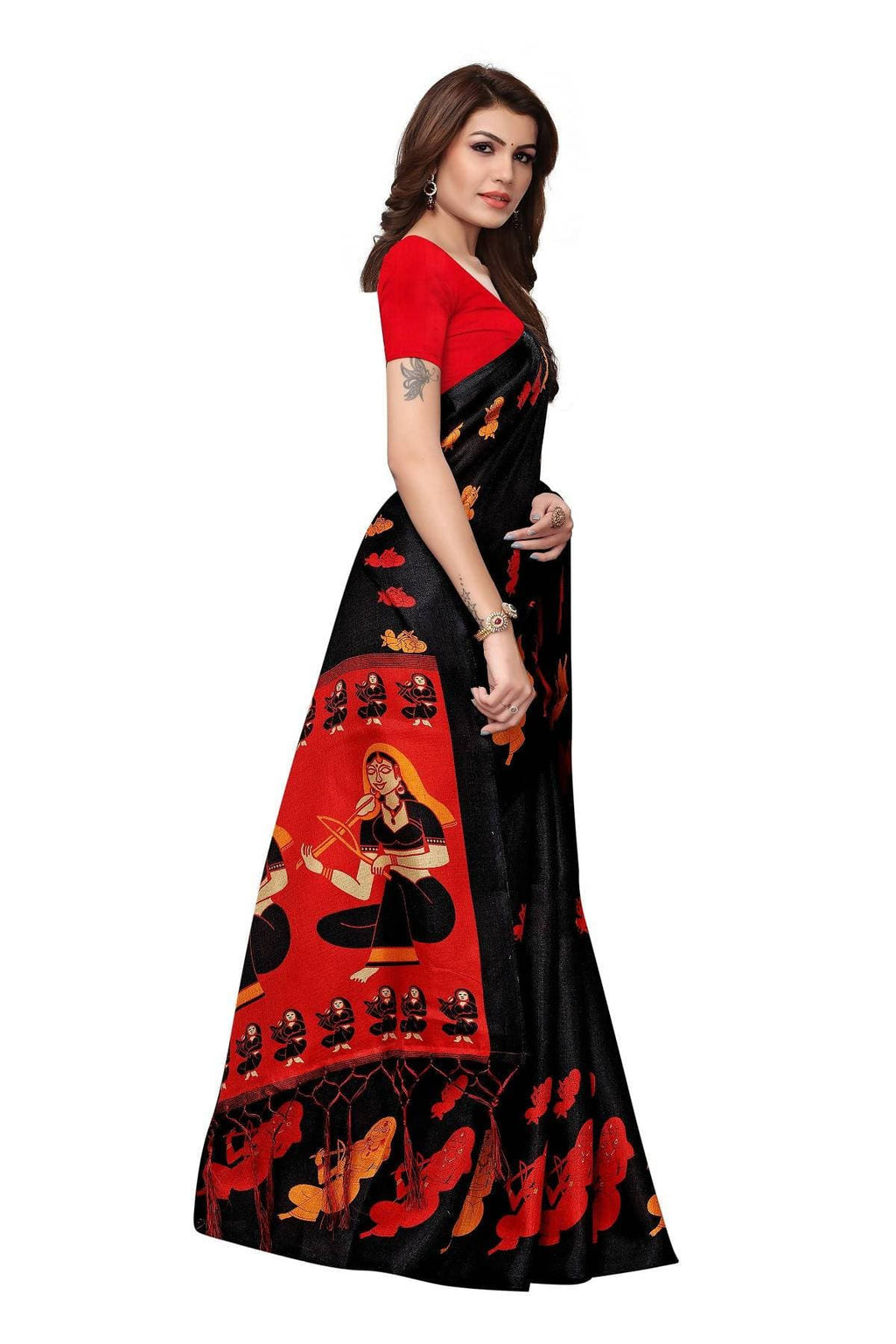 Vamika Black & Red Kalamkari With Jhalar Khadi Silk Saree | Grocsy