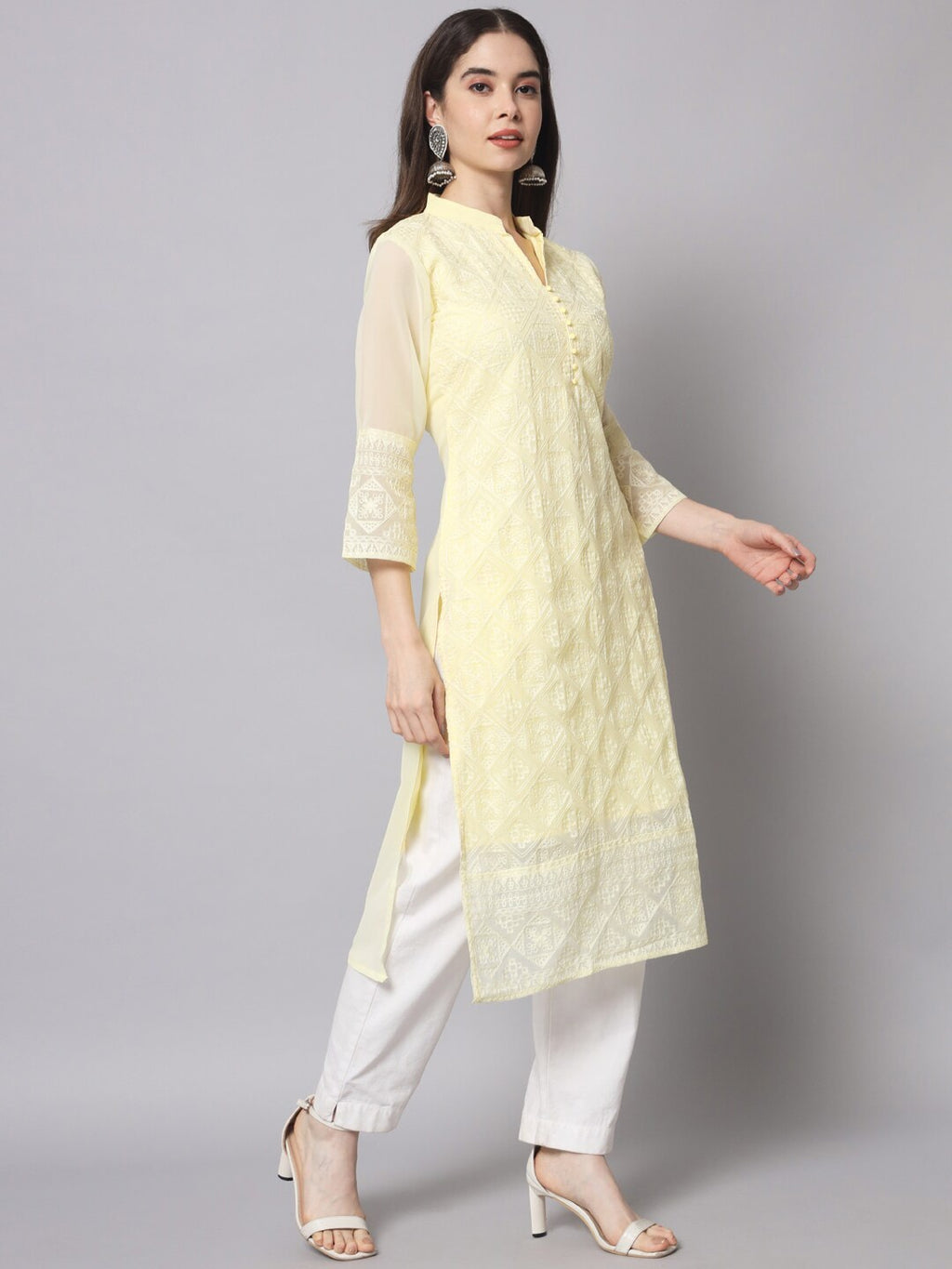 HERE&NOW Women Yellow Ethnic Motifs Embroidered Thread Work Georgette Kurta | Grocsy