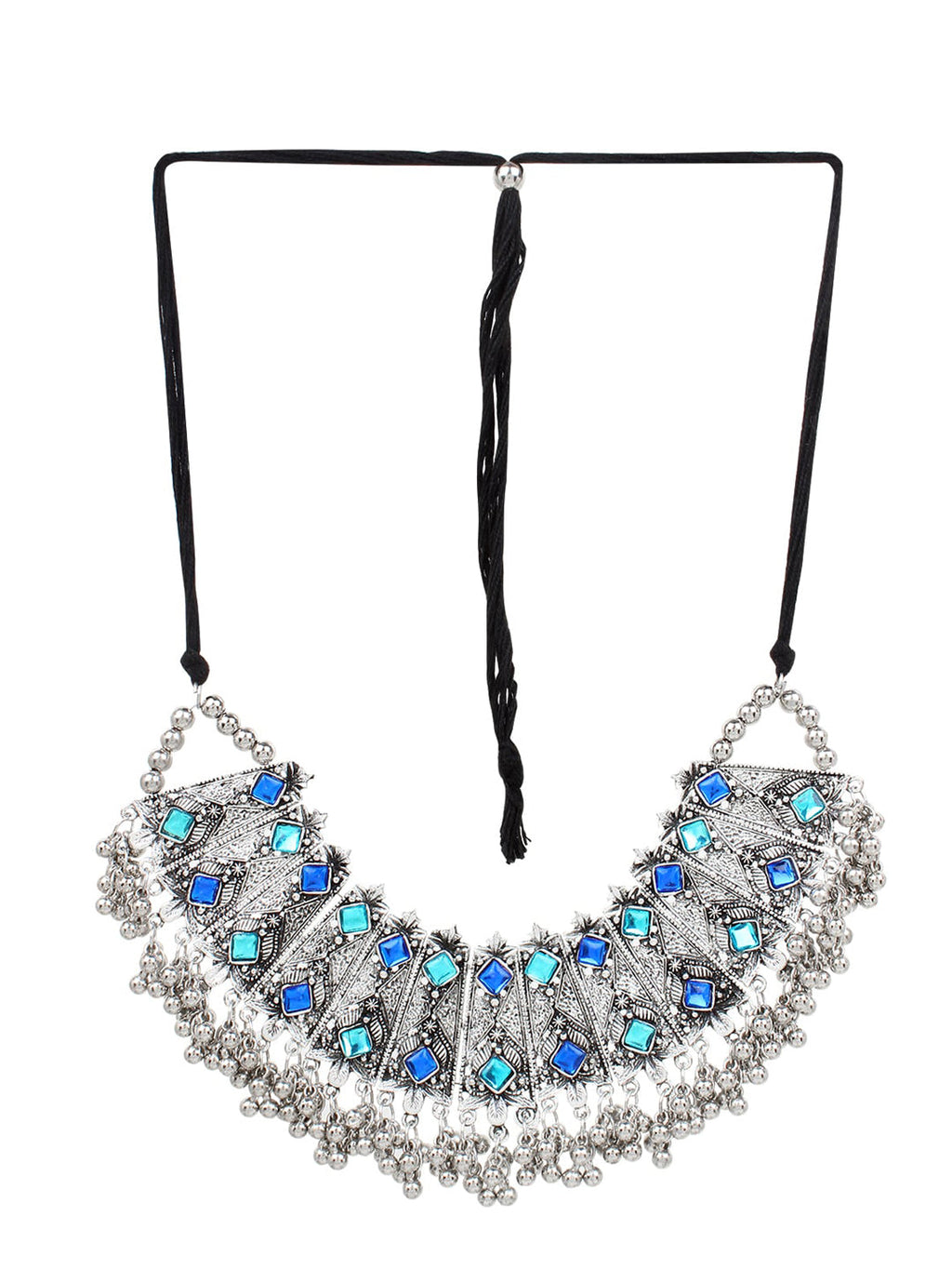 Cardinal Oxidised Silver-Toned & Blue Stones-Studded & Beaded Jewellery Set | Grocsy