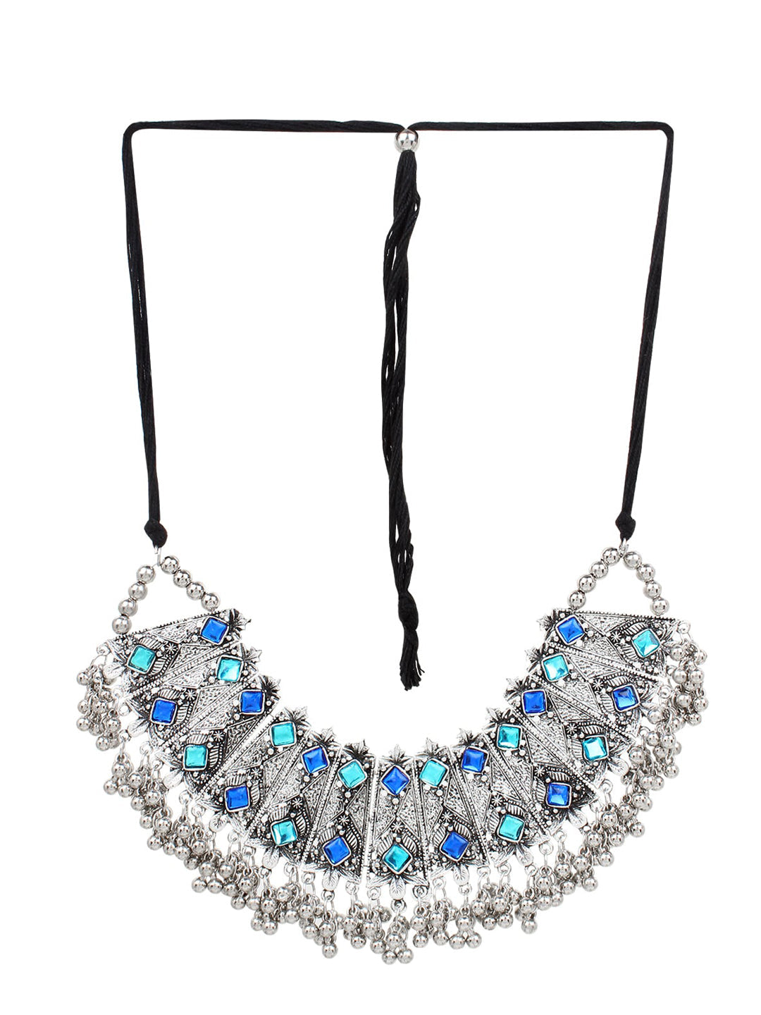 Cardinal Oxidised Silver-Toned & Blue Stones-Studded & Beaded Jewellery Set | Grocsy
