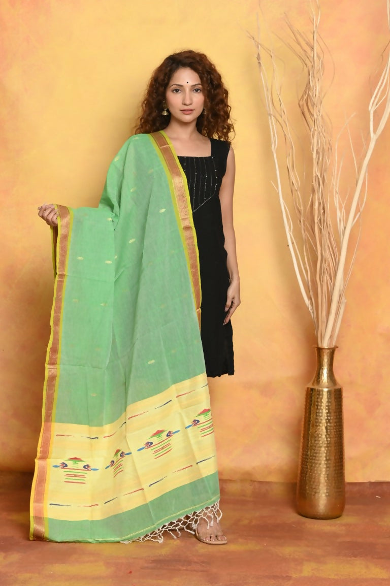 Very Much Indian Handloom Pure Cotton Paithani Dupatta - Green | Grocsy