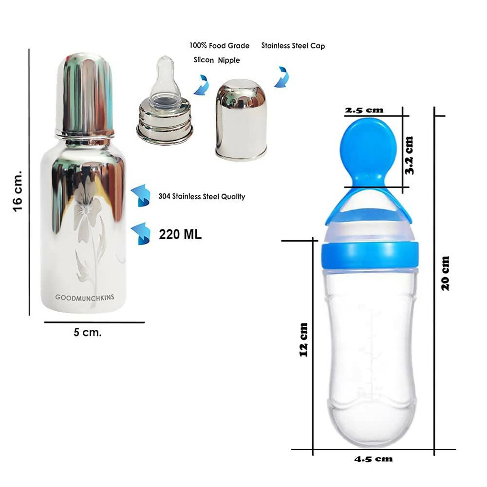 Goodmunchkins Stainless Steel Feeding Bottle, Food Feeder & Fruit Feeder Combo for Baby-(Blue-Green, 220ml) | Grocsy
