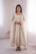 Teeya Creation Womens New Latest Trendy Elegant White Embroidered Anarkali Suit Set with Scalloped Dupatta | Grocsy
