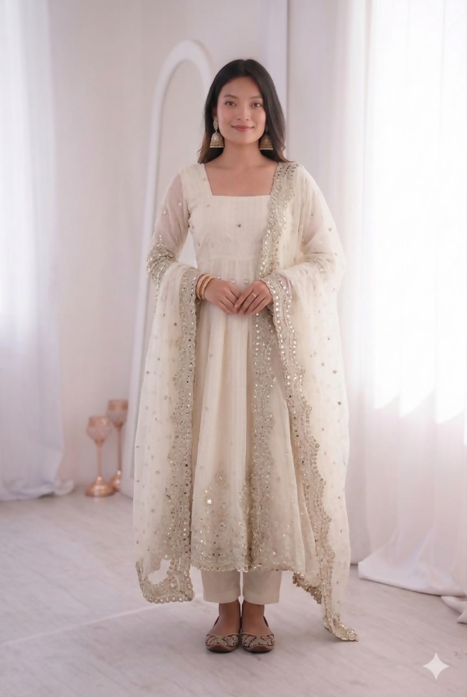 Teeya Creation Womens New Latest Trendy Elegant White Embroidered Anarkali Suit Set with Scalloped Dupatta | Grocsy