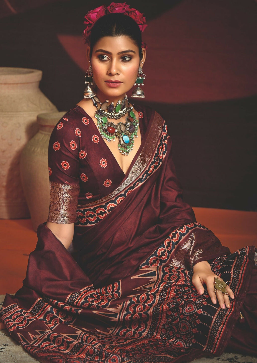 Joban Fashion Maroon Art Silk With Fine Viscose Border Ajrak Full Body Print With Soft Finish Saree | Grocsy